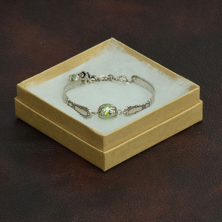 Spoon Handle Bracelet with Faceted Green Crystal, Antique Silver, gift boxed, Made in USA, each