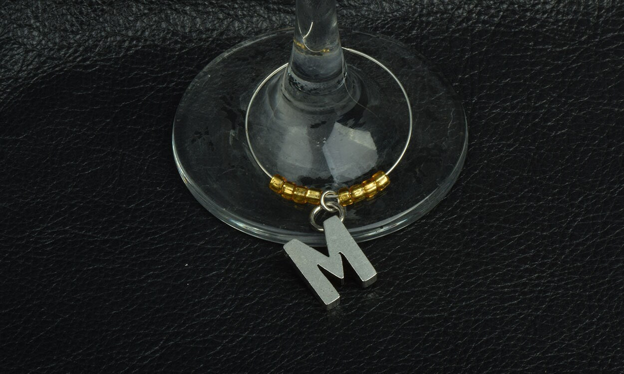 Beaded Initial Wine Markers, Choose your letters, antique gold or antique silver, set of 6