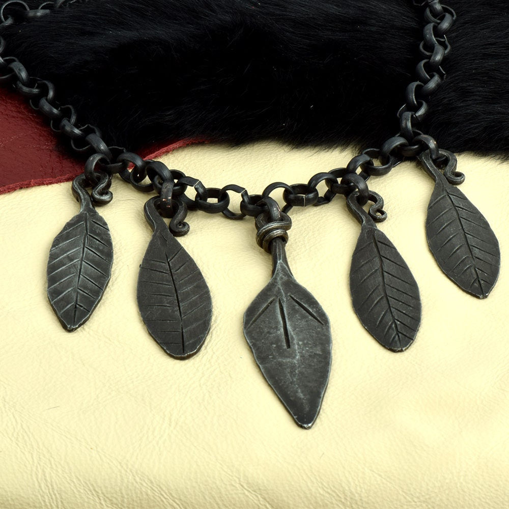 Vikings Shield Maiden Forged Steel 5 Leaf and 18" Chain Necklace, Fabric Gift Bag, Westeros Jewelry, Gunmetal Black, HandMade in USA