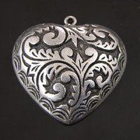 34mm Baroque Heart Pendant Charm, Classic Silver, 6 pack