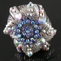 1.6" Classic Silver Sapphire Flower Stretch Ring with Swarovski Crystal
