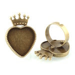 20mm Heart n Crown Ring Adjustable Bezel Base, Vintage Gold, 6 pack