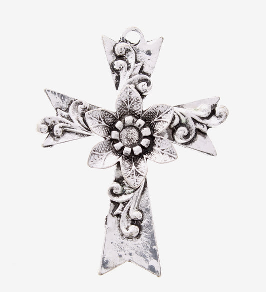 Large Floral Mission Cross Pendant Charm, classic silver, pack of 2, 76mm 04835CS