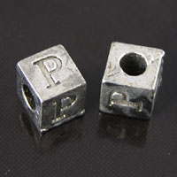 8mm Alphabet Block Bead, P, silver metal cast, pack of 12