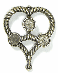 47x57mm Rope Heart Pendant w/3 10mm Round Bezels, Antiqued Silver, ea