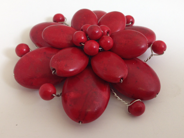 Beaded Flower Brooch , Red ea