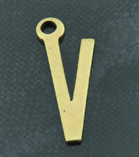 15mm V Letter Charm, Vintage Brass Metal Stamping, pack of 6