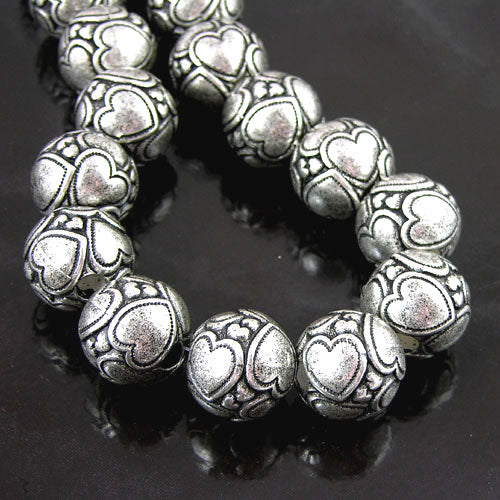21mm Round Beads w/Hearts 5mm hole, Antiqued Classic Silver, 12in strand