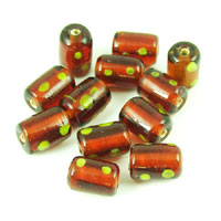 15x10mm Topaz Cylinder w/yellow dots Glass Beads, pk/12