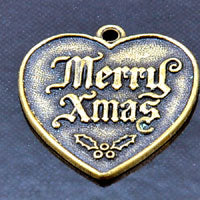 20mm Ant. Gold Heart Christmas Charm 'Merry Xmas' pk/6