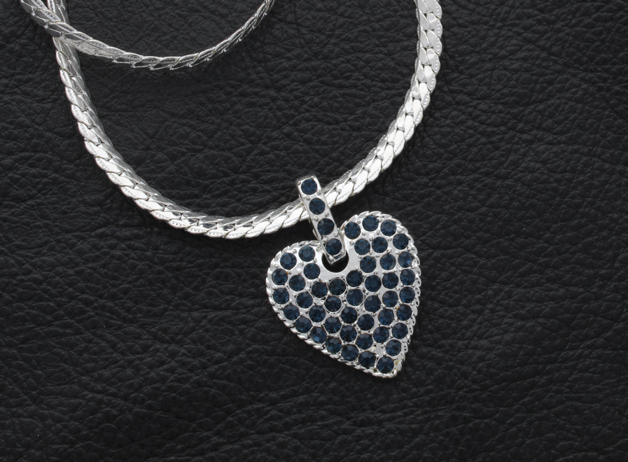 16" Silvertone Necklace w/ 29x27mm Heart Pendant with Black Crystals ea