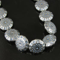 28x10mm Snowflake Lace Round Pillow Beads, Classic Silver with Denim Blue, strand