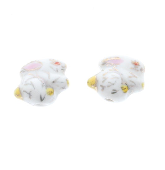 19mm Bunny Rabbit Fetish Beads, White, gold, pink, yellow, Hand-Painted Ceramic, pack of 2