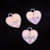 Pink Enamel "I LOVE U" Hearts Charms, pack of 6
