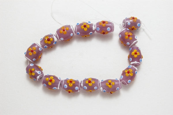 13x10mm Art Glass Flower Barrel Bead 7" per strand
