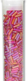 Japanese Glass Bugle Beads #3, Transparent Frost AB/Ruby, Approx. 582 beads