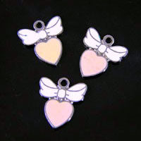 Creamy Pink Enamel Heart with Bow Charms, pack of 6