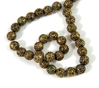 10mm Antiqued Gold Flower Round beads, 12 inch strand