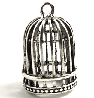 32mm Round Bird Cage Charms 3D, antique silver, pack of 3