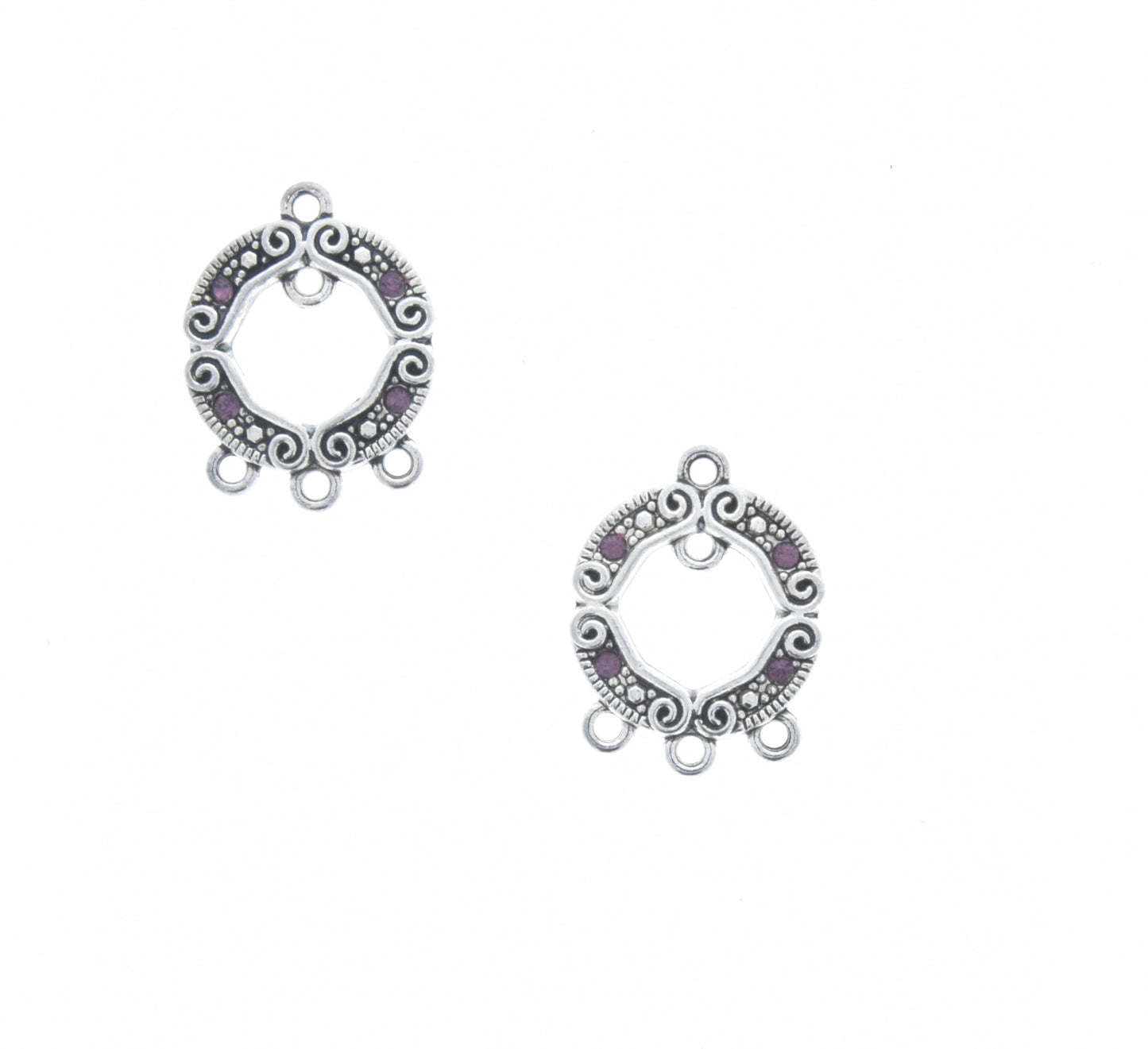 Round both with 3/loops, Amethyst Swarovski, crystals, silver-plated pewter, pk/2