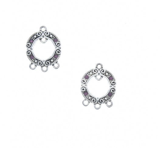 Round both with 3/loops, Amethyst Swarovski,  crystals, silver-plated pewter, pk/2