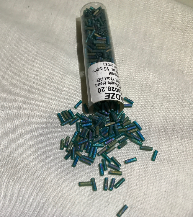 Japanese Glass Bugle Beads #3, Transparent Frost AB/ Emerald, Approx 582 beads