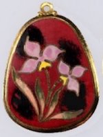 Gold Cloisonne Enamel Vintage Pendant, Pink Iris on red black, each 40x30x20
