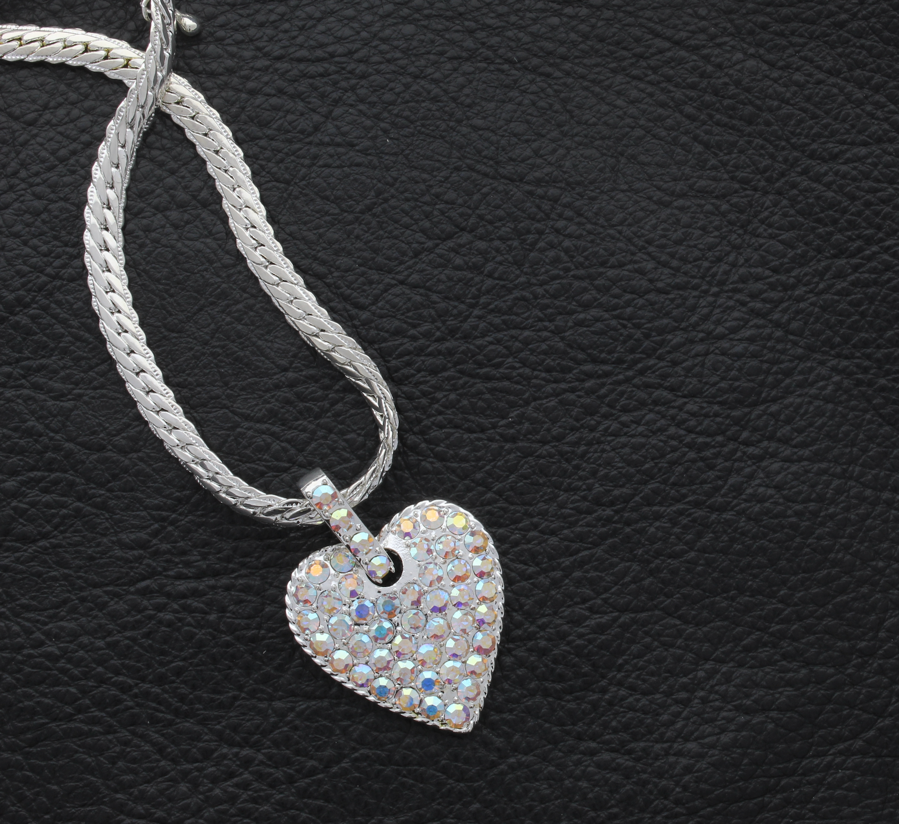 16" Silvertone Necklace w/ 29x27mm Heart Pendant with AB Crystals, each