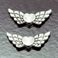 22x9mm Double-sided Puffy Heart Angel Wing Beads, Silver, pk/10