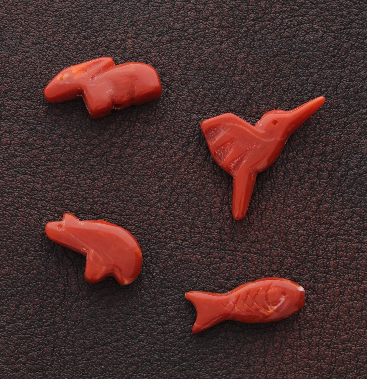 Southwestern Fetish Animal Beads, Hummingbird, Fish, Rabbit, Squirrel, Red Coral Italian Lucite, Set 4