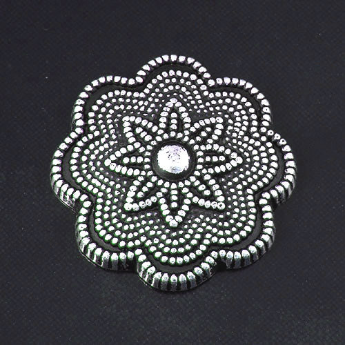 27mm(1in) Beaded Flower/Burst Flat Back, Antiqued Classic Silver, pk/6