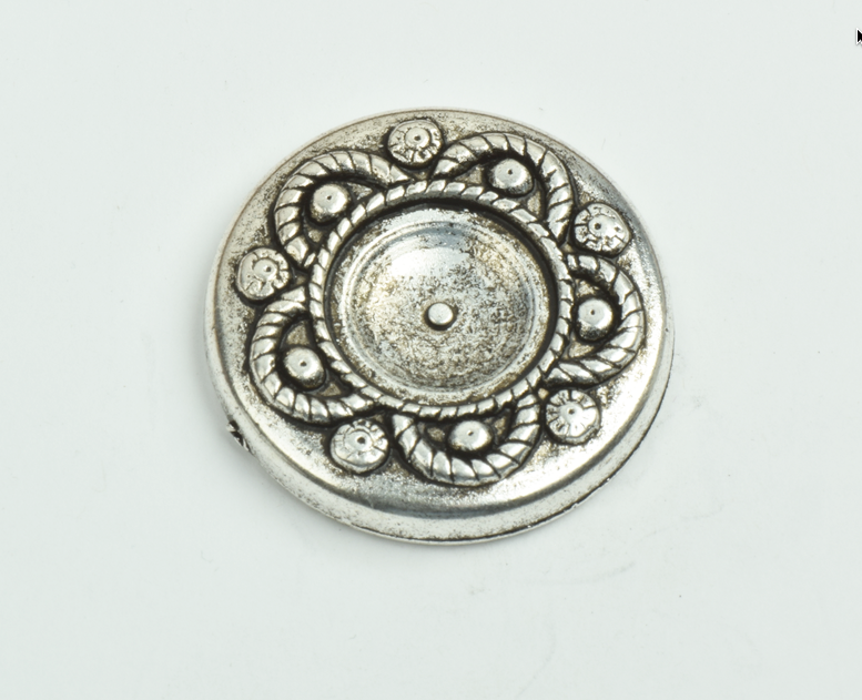 32mm Baroque Shield Button Cabochon w/15mm Bezel, Antique Silver, pack of 4