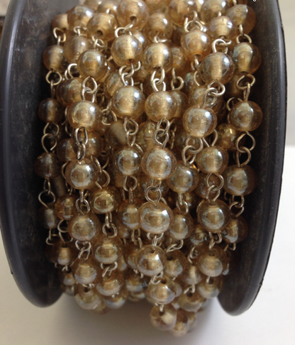 7mm Amber Champagne Rosary Glass Beaded Chain, 30 foot roll