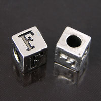 8mm Alphabet Block Beads, F, silver metal cast, pack of 12