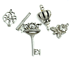 Key Charm mix, Crown Rose Key Charms Mix, zinc, antique silver, pack of 5