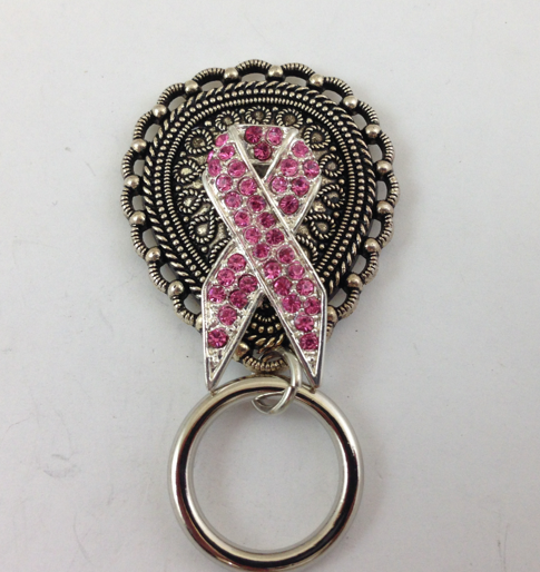 30mm Pink Ribbon Breast Cancer Badge Eye Glass holder, antique silver with magnetic clasp, each
