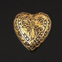 18mm Engraved Heart Cross Cabochon w FlatBack, Antique Gold, pack of 6