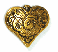 26mm SCROLL Leaf HEART Pendant Charm, antique gold, Each