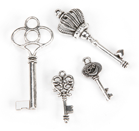 Key Charm set of 4, antique silver finish, set