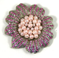 63mm Silver & Pink Crystal and Pearl Brooch, ea