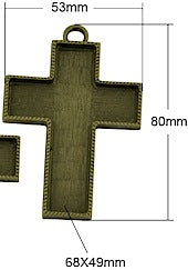 3 1/8" Cross Bezel Pendant, antique bronze gold, pack of 3