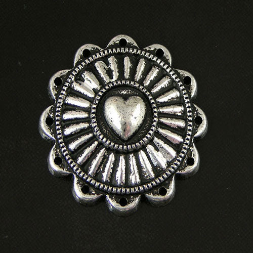 29mm(1.13in) Round Burst w/Heart Flat Back, drilled border, Ant Classic Silver, pk/6