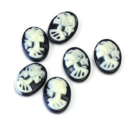 Ghostly Lolita Woman Skeleton Cameo Cabochon, Oval 25x18MM, Bone Cream on Black, Pack of 6