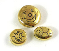 15mm Sun & Face 3 piece Bead Set, Antique Gold, 4 sets