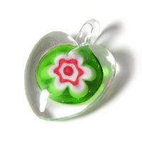 22mm Green, Red and White Millefiori Heart Glass Pendant, each