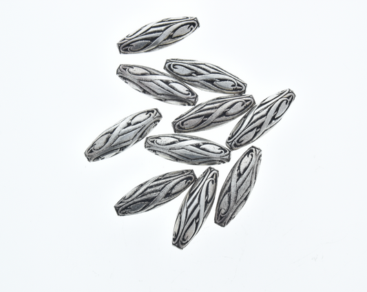 30x10mm Engraved Bicone Tube, Classic Silver Beads, 12in str