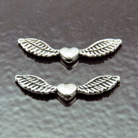 22x9mm Double-sided Heart Angel Wing Beads Silver, pk/10