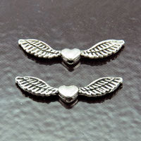 22x9mm Double-sided Heart Angel Wing Beads Silver, pk/10