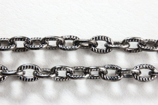 6mm Metal Etched Cable Chain, antique silver, Made in USA, sold by foot
