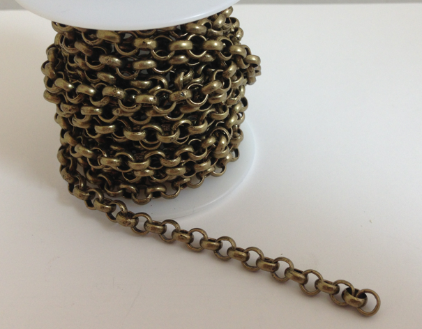 Rolo Belcher Chain, 6mm Antique Brass Finish, 10' roll , ea